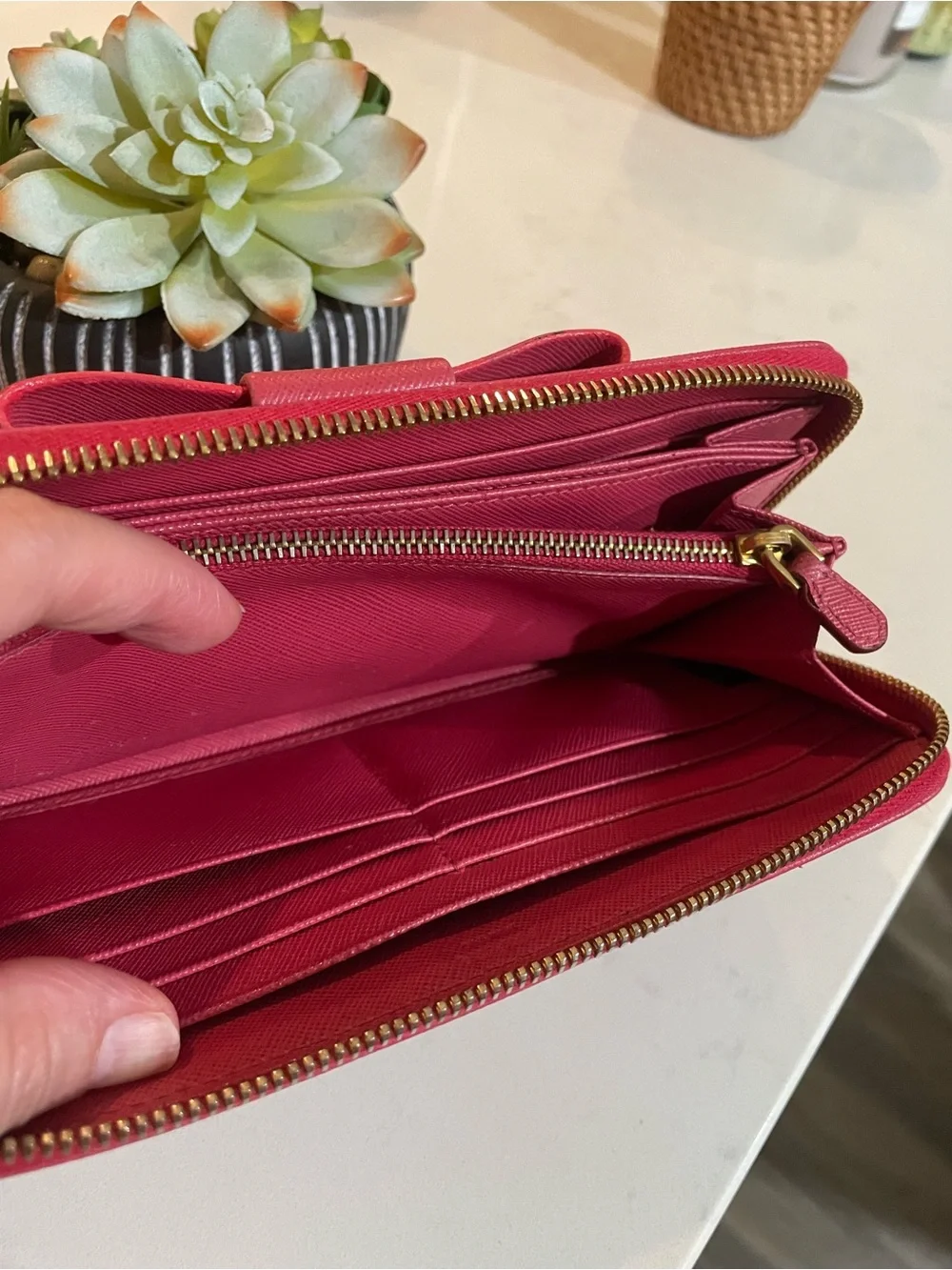 GUC Prada Pink Saffiano Metal Leather Bow Continental Wallet